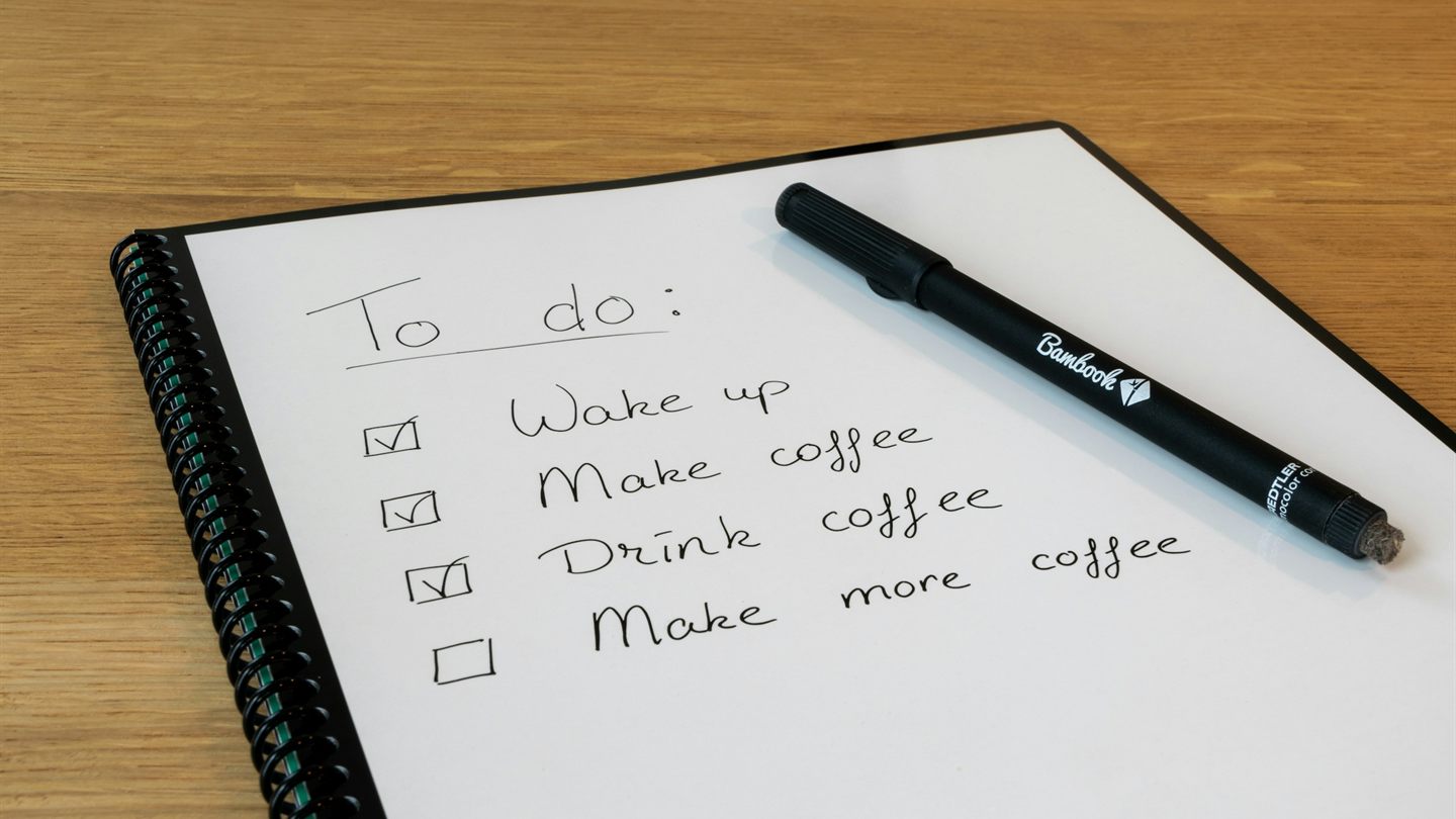 A handwritten to-do list: wake up, make coffee, drink coffee, make more coffee