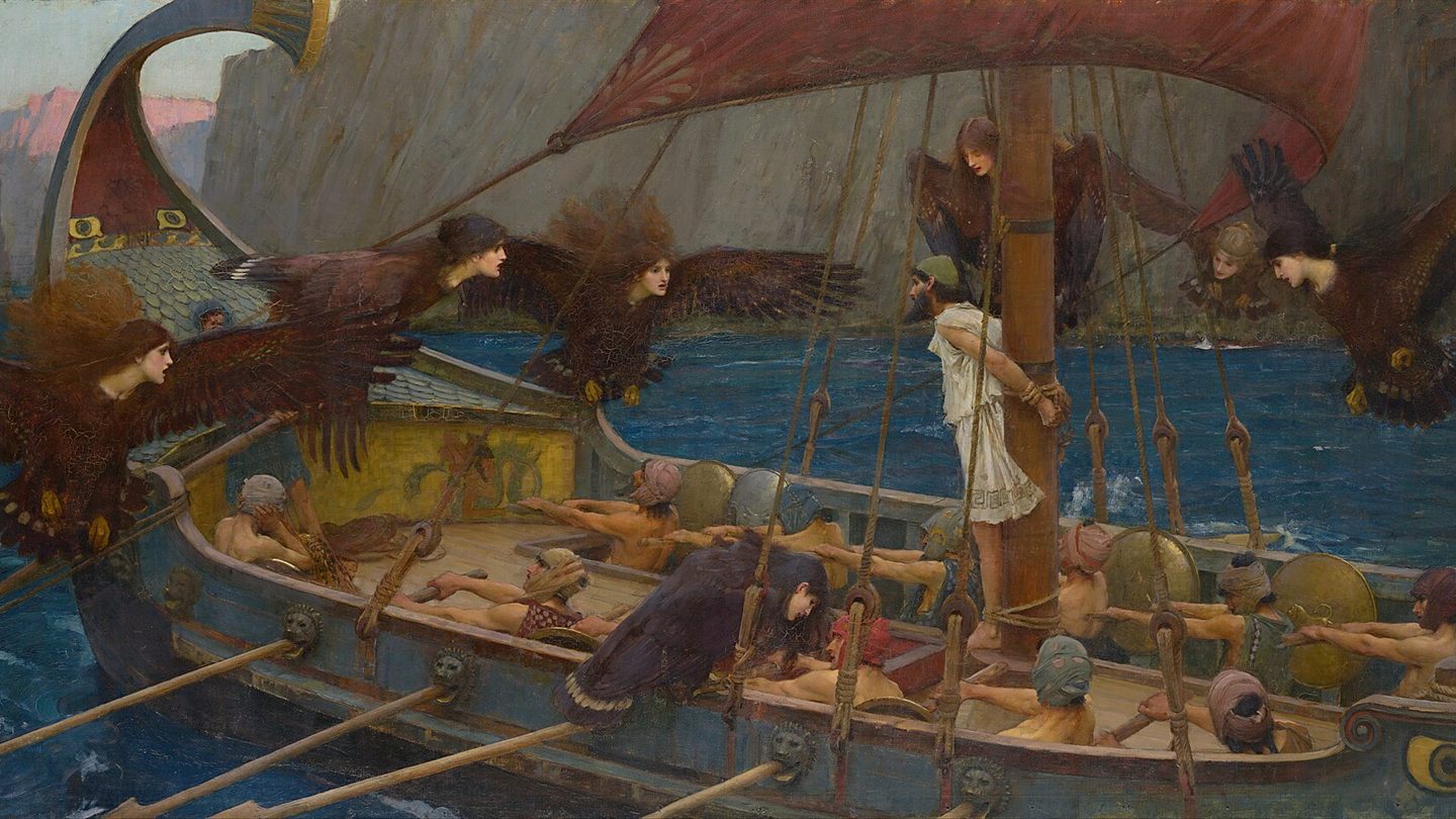 Painting of Odysseus tied to the mast of his ship as sirens circle overhead